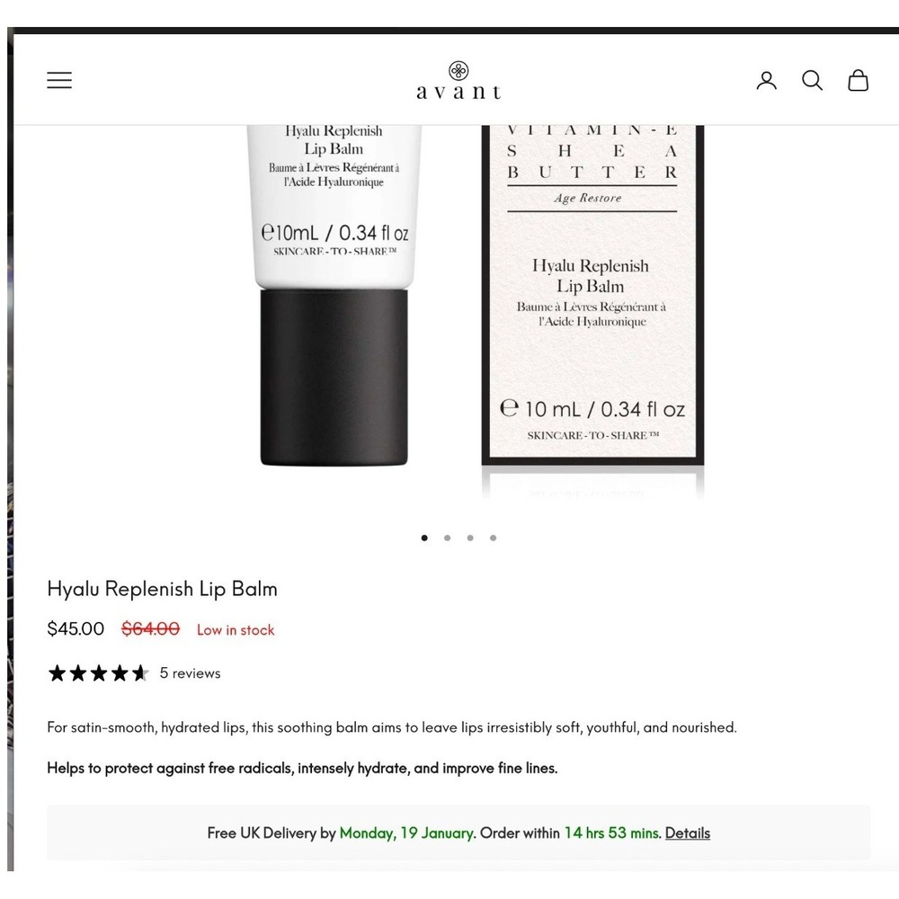 $64 NWT Avant Hyaluronic Replenish Lip Balm Age Restore Cocoa Butter Shea - Picture 3 of 3